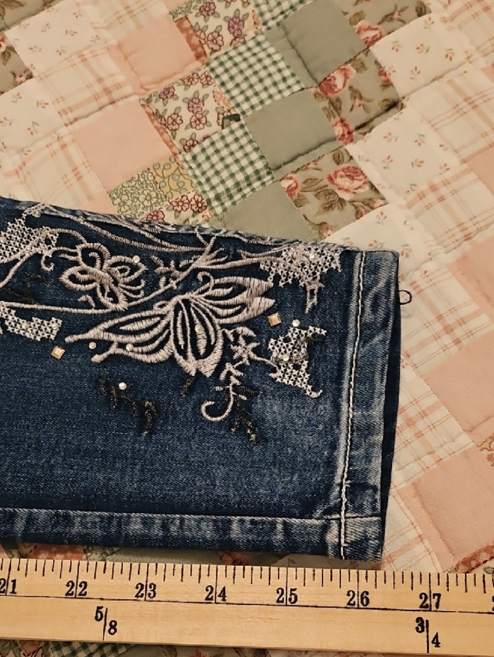Dkin -High Rise Jeans with Silver Embroidery/Sequine Applique Legs- Size 12 - Picture 5 of 10